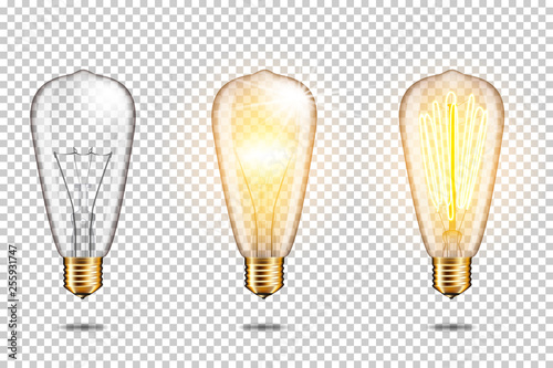 Set of Realistic transparent glowing vintage light bulb, isolated.