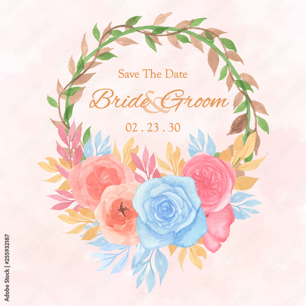 watercolor save the date card with gorgeous flower wreath