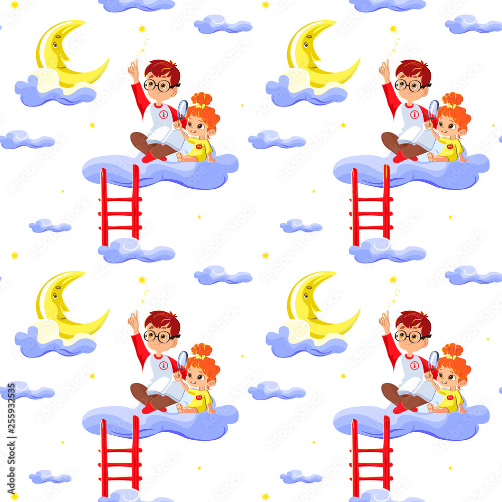 Obraz premium Seamless children pattern with cute boy and little girl, clouds, stars and moon. Creative kids texture for fabric, wrapping, textile, wallpaper, apparel. Concept of children's learning.