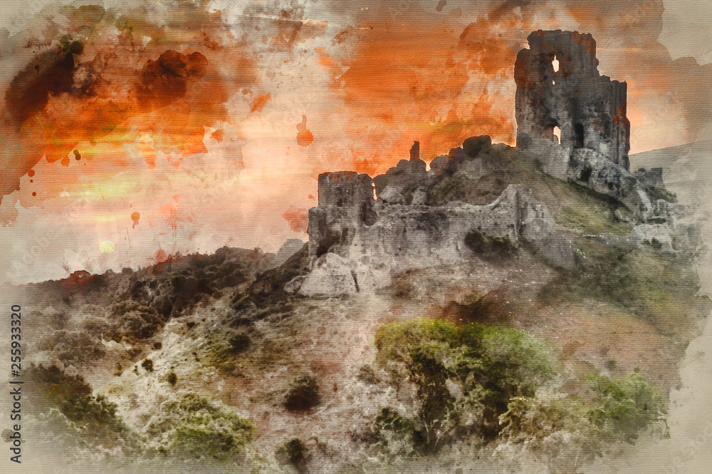 Watercolour painting of Castle ruins landscape with bright vibrant sunrise