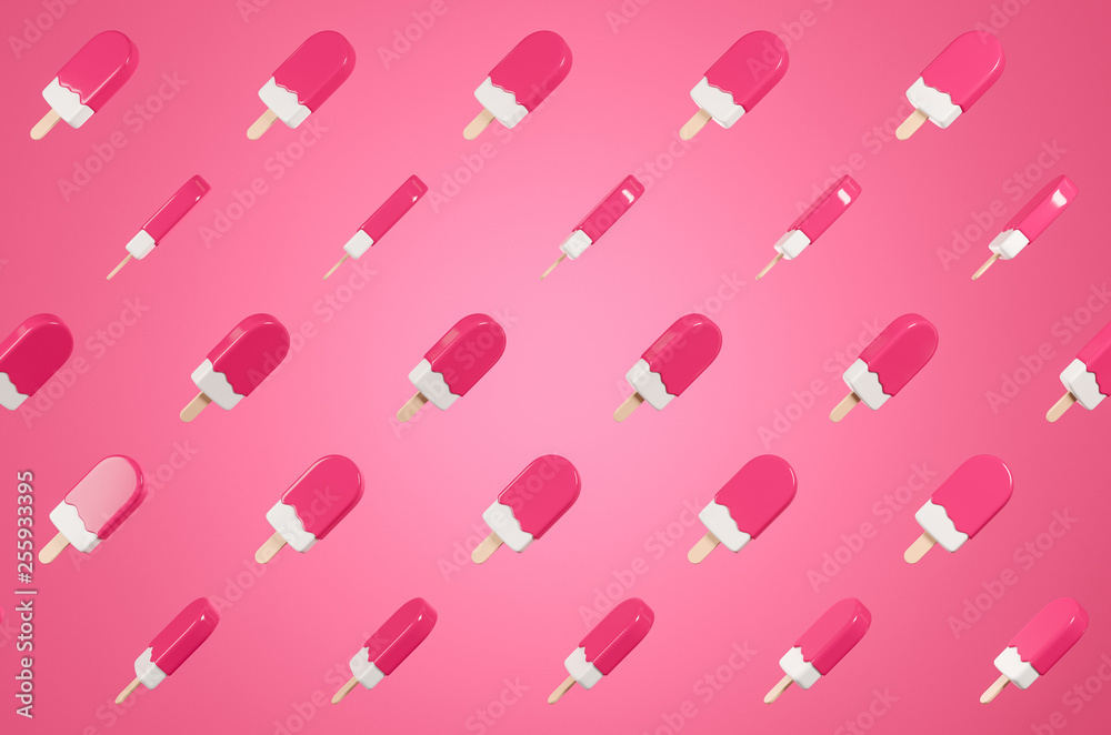 Pattern made of flying glossy pink lolly ice cream on the pink background. Pattern made of flying glossy pink lolly ice cream on the pink background.
