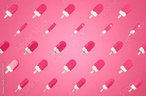 Pattern made of flying glossy  pink lolly ice cream on the pink background.