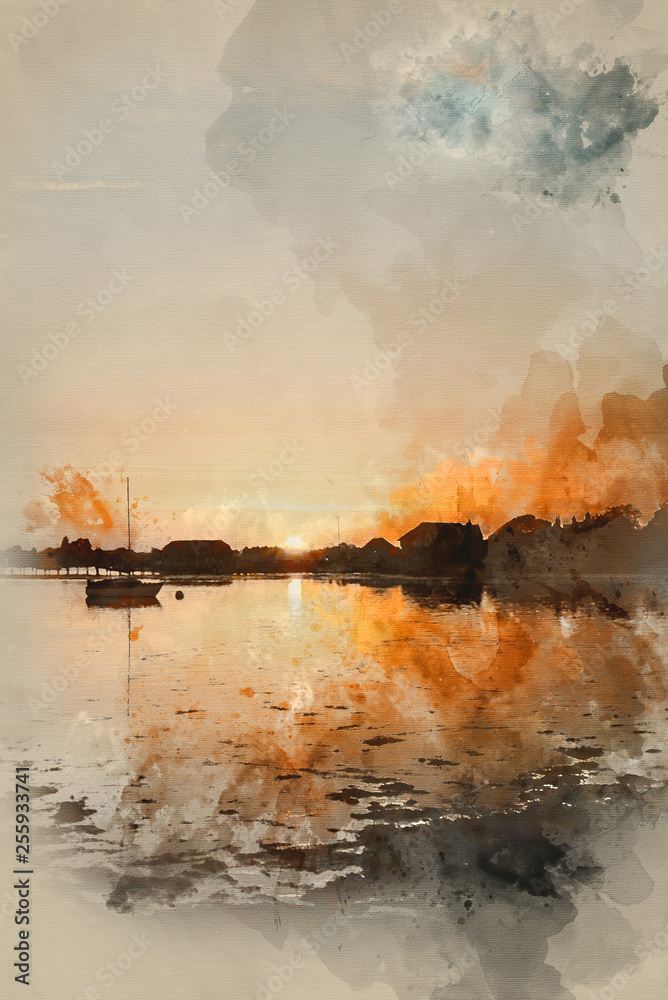 Obraz premium Watercolour painting of Beautiful Summer sunset landscape over low tide harbor with moored boats
