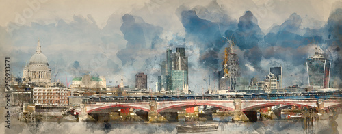 Watercolour painting of Panorama of London skyline showing modern, traditional and construction in the city.
