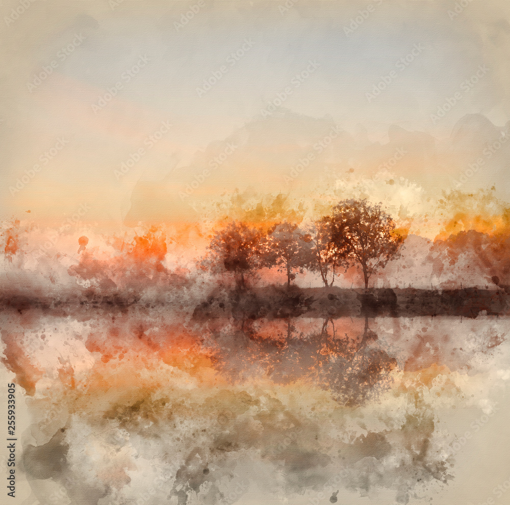 Watercolour painting of Stunning vibrant Autumn foggy sunrise English countryside landscape image