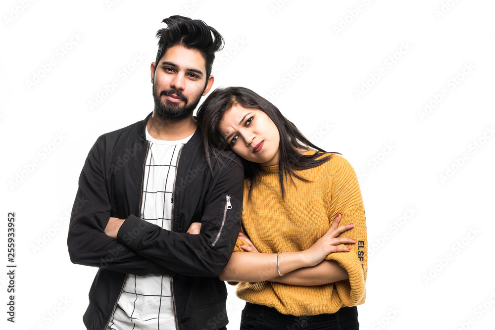 Fototapeta premium Happy loving indian couple on gray background