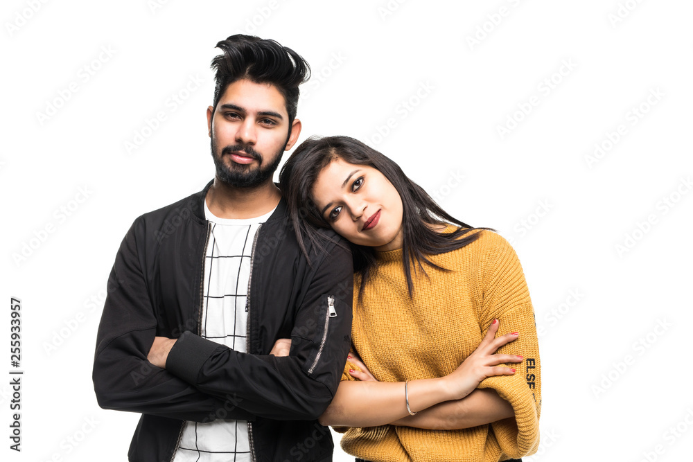 Fototapeta premium Happy loving indian couple on gray background