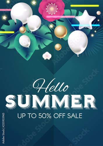 Hello, Summer Design Tempkate with Palm Leaves, Flowers, Realistic Fiol Balloons and Light Effect. photo