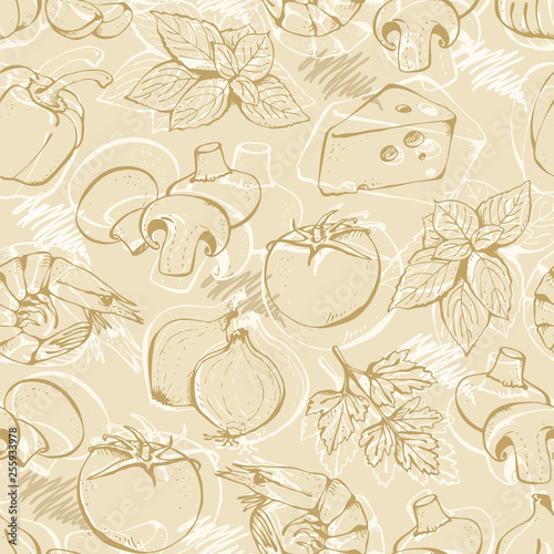 Pizza ingredients vector seamless pattern , hand drawn food background