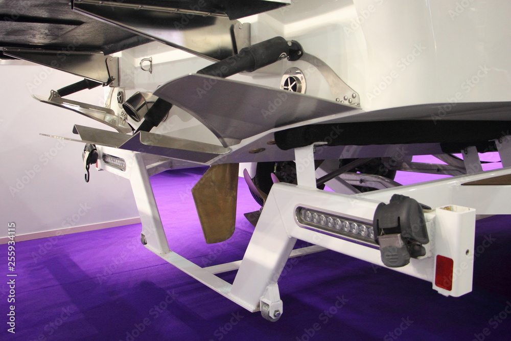 Transom of motor ship with bow thruster and rudder blade on boat ...