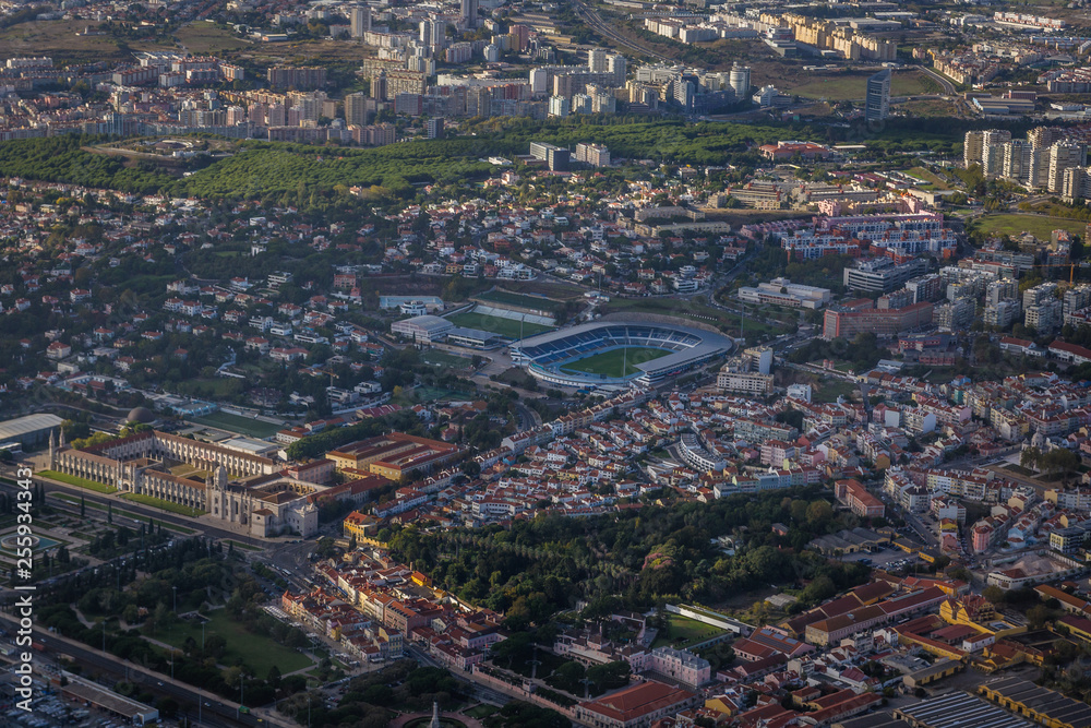 Aerial view with Restelo stadium and Jeronimos Monastery in Belem district of Lisbon, capital of Portugal