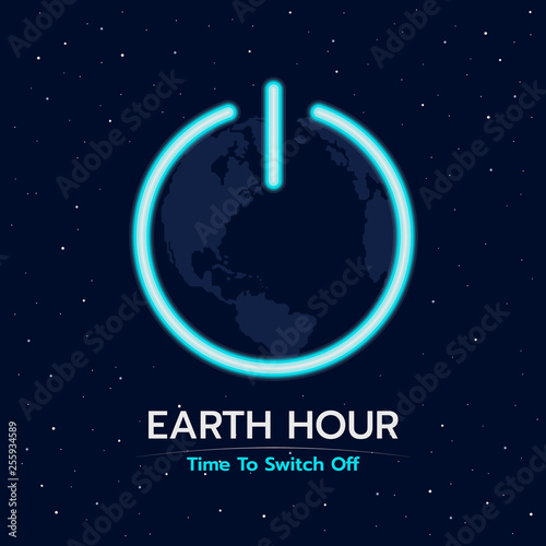 Earth hour time to switch off banner with earth in shutdown sign on space background vector design