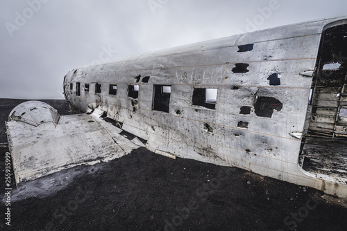 Side view of Solheimasandur US plane wreck in south part of Iceland © Fotokon