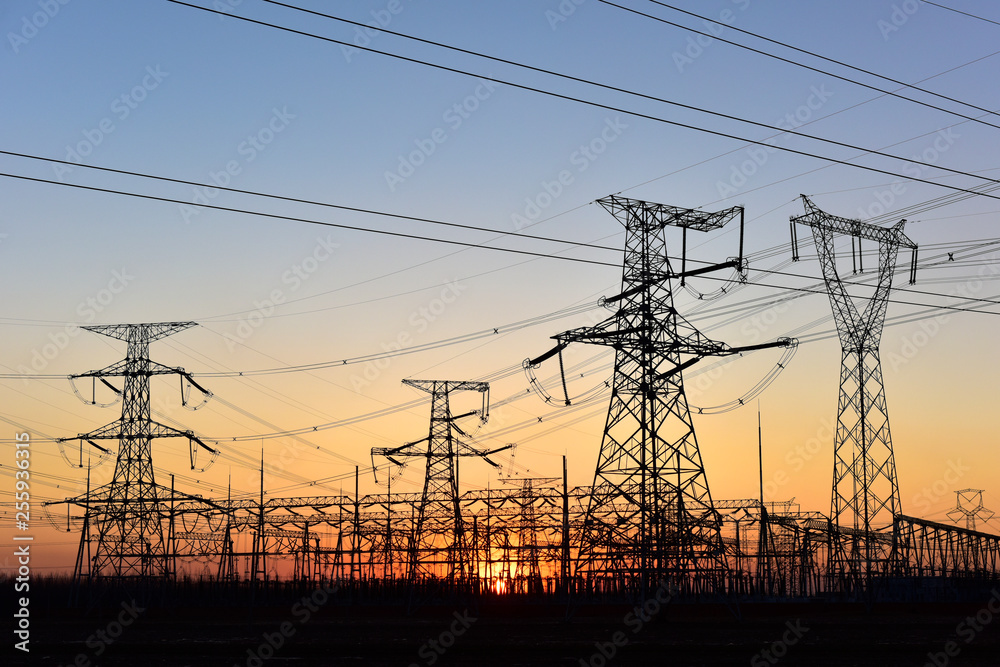 Contour of Transmission Tower at Sunset