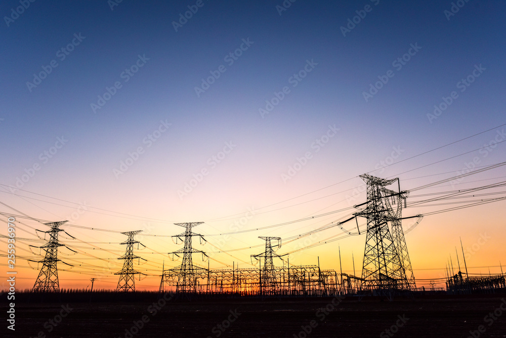 Contour of Transmission Tower at Sunset