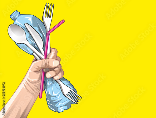 Plastic free logo with hand squeeze. Plastic pollution problem.