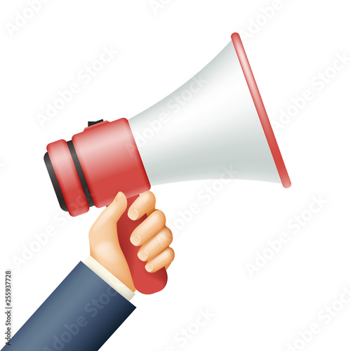 Hand hold megaphone important announcement hiring recruitment advertising 3d realistic cartoon design vector illustration
