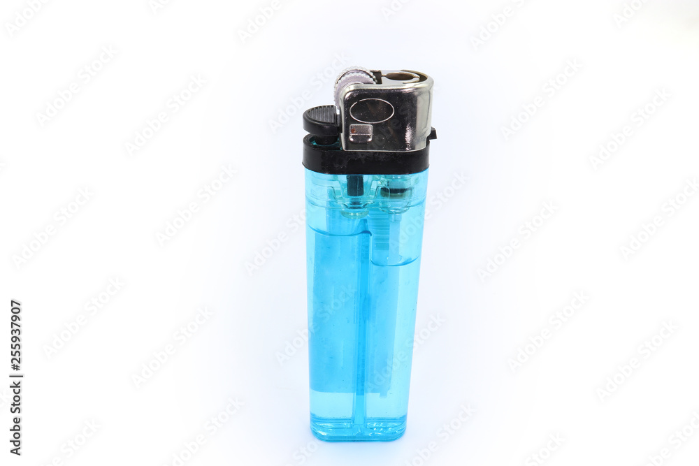 Blue plastic gas lighter. Gas lighter isolated on white background. Closeup shot, top view Blue plastic gas lighter. Gas lighter isolated on white background. Closeup shot, top view