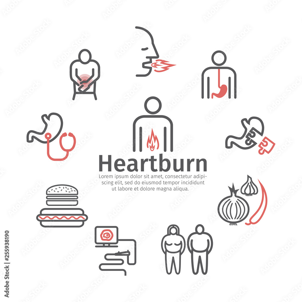 Heartburn. Symptoms, Treatment. Line icons set. Vector signs for web graphics.