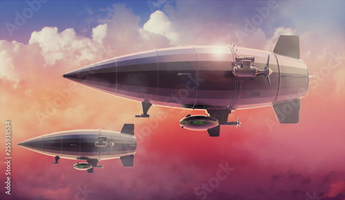 Vintage airship Zeppelin. in the sky. 3d illustration