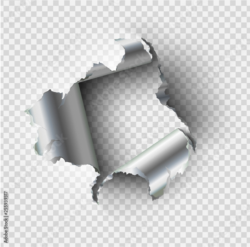 ragged Hole torn in ripped steel metal on transparent