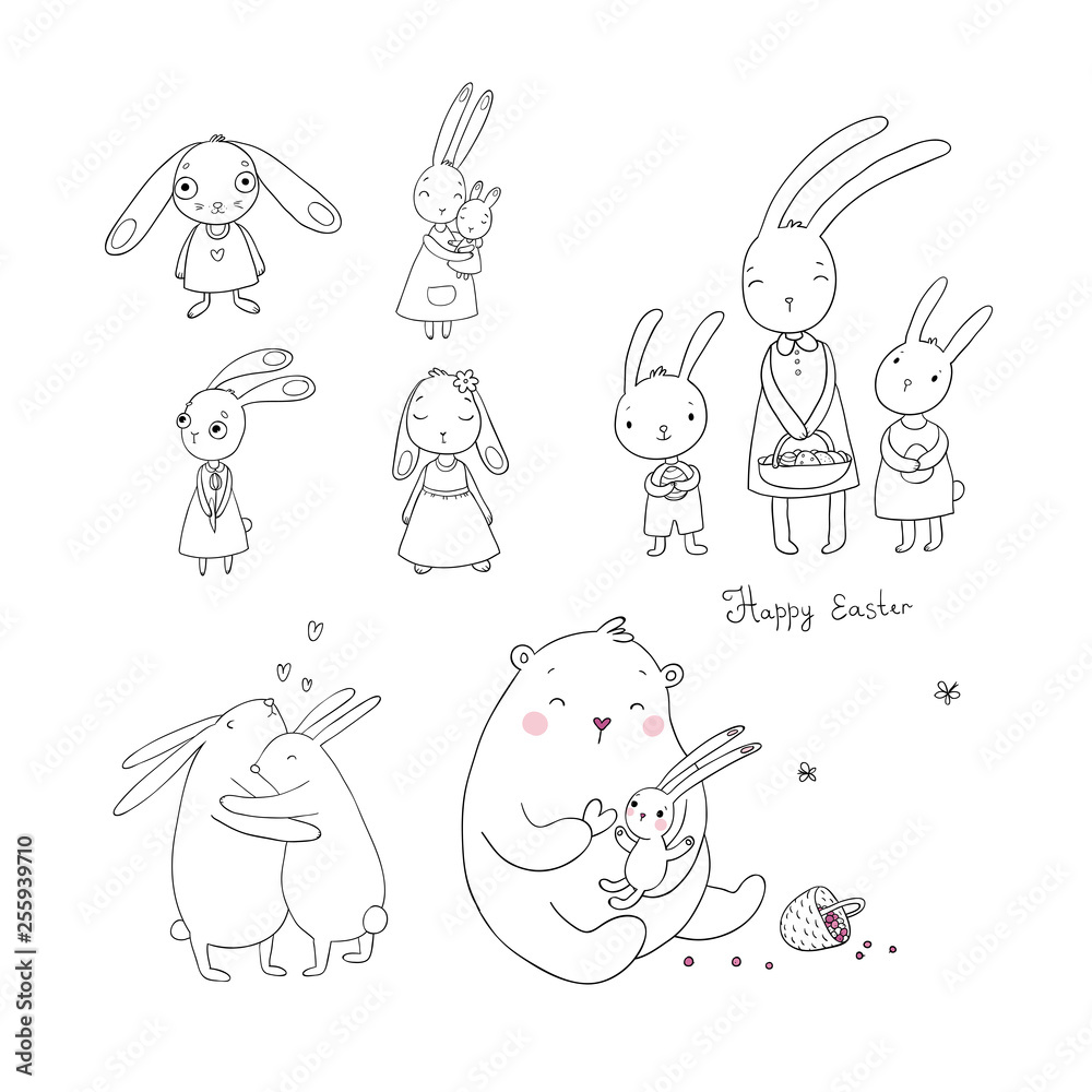 Cute cartoon hares and a bear. Easter bunnies. Funny animals - Vector Cute cartoon hares and a bear. Easter bunnies. Funny animals - Vector