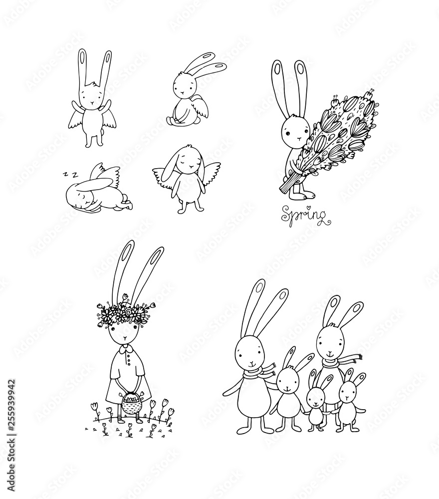 Fototapeta premium Set with Easter hares. Cute cartoon rabbits. Coloring book - Vector
