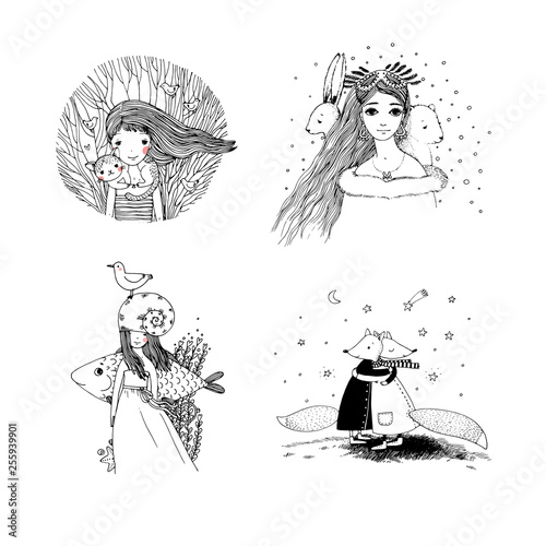 Cute cartoon hand drawing sketch. Children s illustrations with fairy tales. Girl and animal friends, foxes hug - Vector