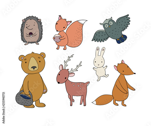 Animals of the forest. Set with cute cartoon bears, fox, hare and squirrel, owl and deer. Design for children - Vector
