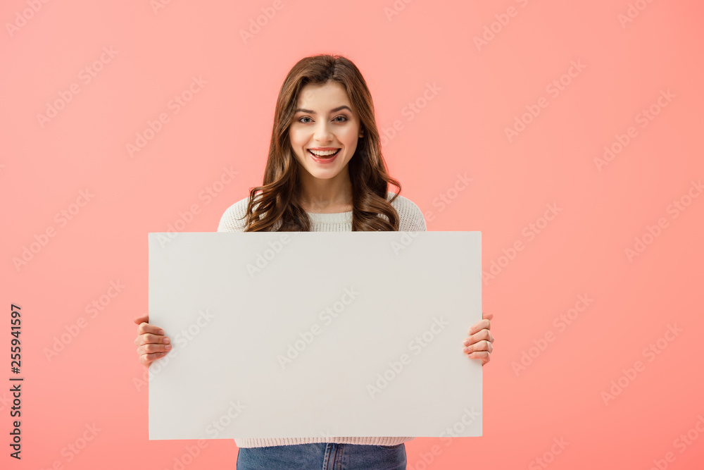 smiling and attractive woman holding empty board with copy space isolated on pink smiling and attractive woman holding empty board with copy space isolated on pink