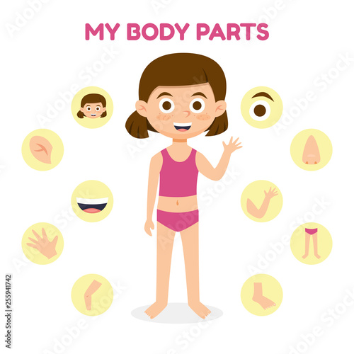 Vector illustration of a girl with Different Parts of the Body for Teaching. Vector illustration cartoon style.