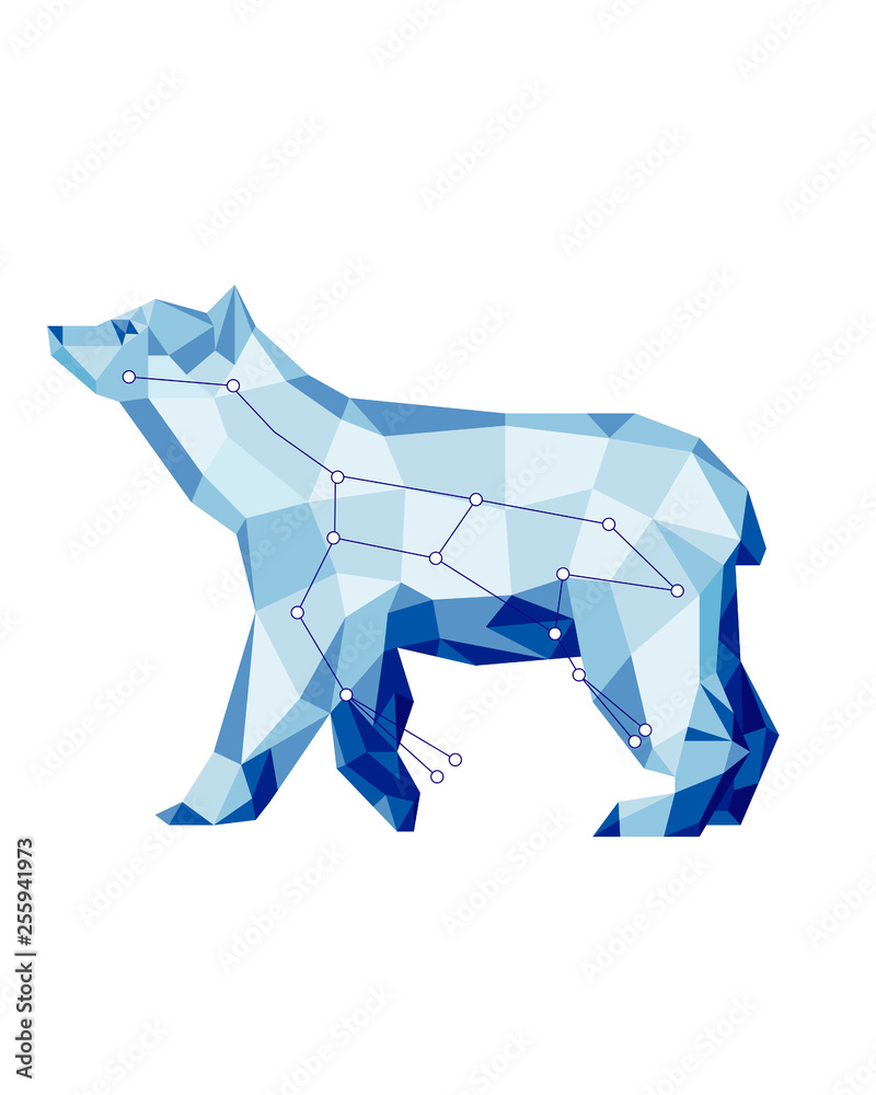 Obraz premium Ursa Major, the Big Bear Starry sky colorful geometric icon. Crystal design logo illustration. Animal Great Bear stars constellation digital illustration low poly style