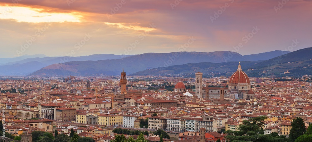 Panorama of Duomo Santa Maria Del Fiore and tower of Palazzo Vecchio