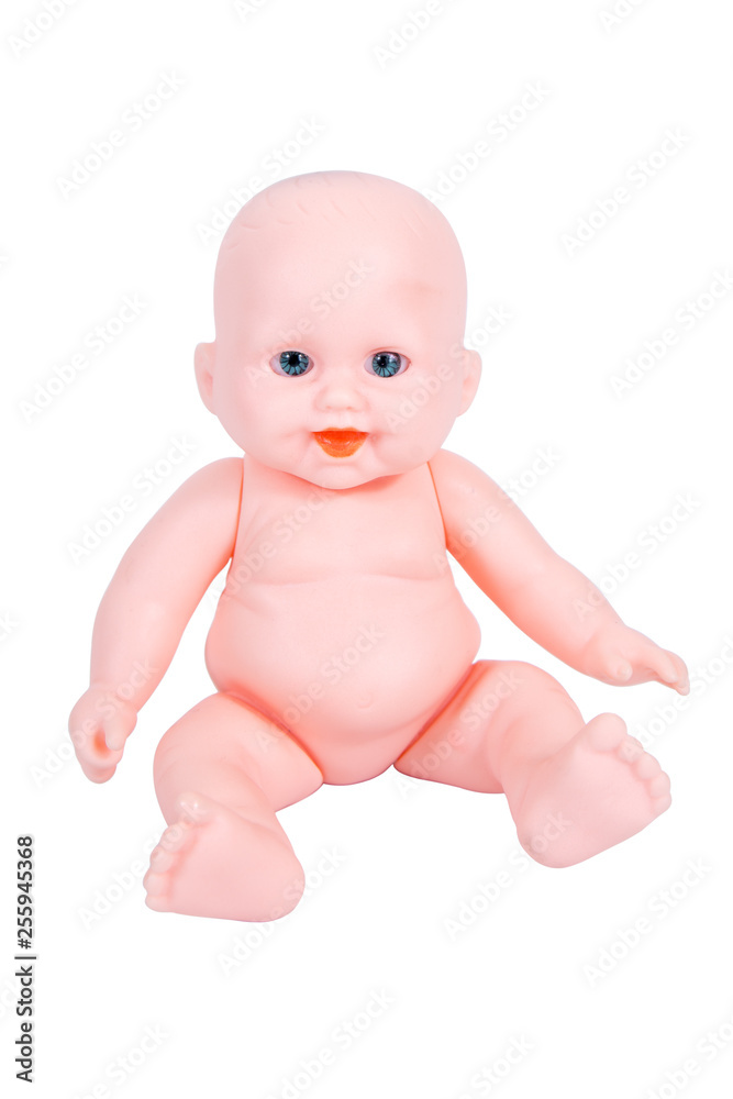 Baby doll isolated on white background. Girl baby doll toy isolated Baby doll isolated on white background. Girl baby doll toy isolated