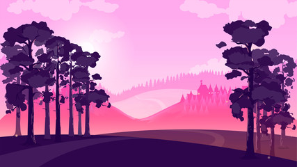 Papier peint photo Pourpre Purple landscape with fields and hills, vector illustration.  © 2dvill