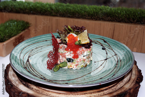 Salad, caviar, red, salmon, eggs, food, traditional, gourmet, new, carrot, Olivier, Closeup, White, Healthy, Orange, Freshness, meal, snack, dinner, plate, fish, refreshment, appetizer, seafood, porti photo