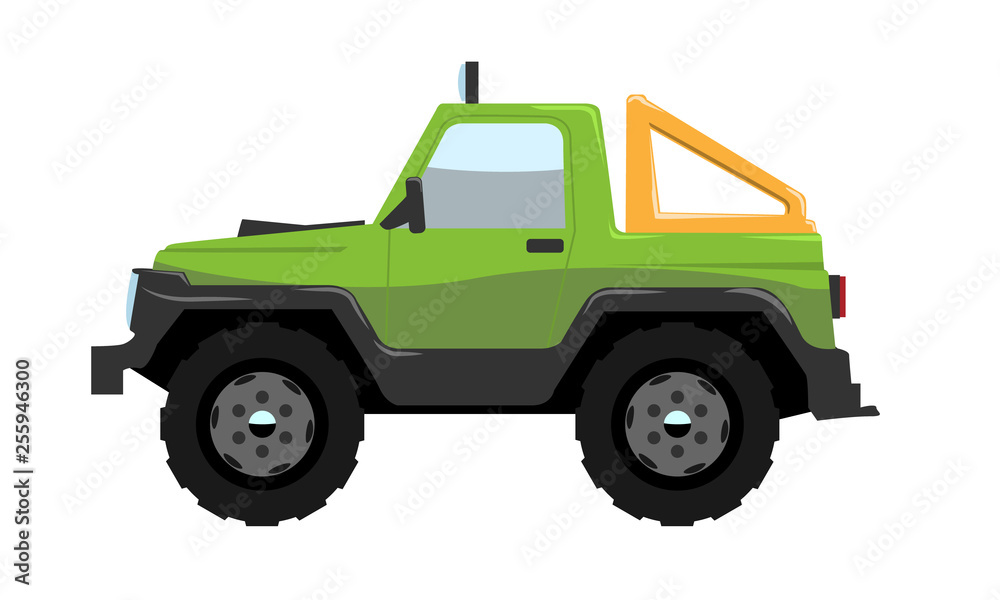 Compact Offroad SUV car side view. Vehicle concept Cartoon Flat color vector illustration.
