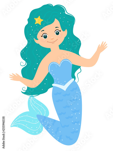 Cartoon smile blue mermaid with starfish in her hairs.