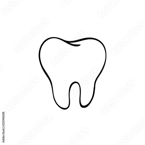 Tooth Logo. Hand-drawn black lines sketch molar. Doodle drawing, element, icon component for illustration, design brochures for dentistry, medical manuals, books or packaging. Isolated vector object