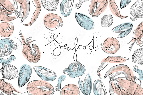 Different seafood products, vector engraving style