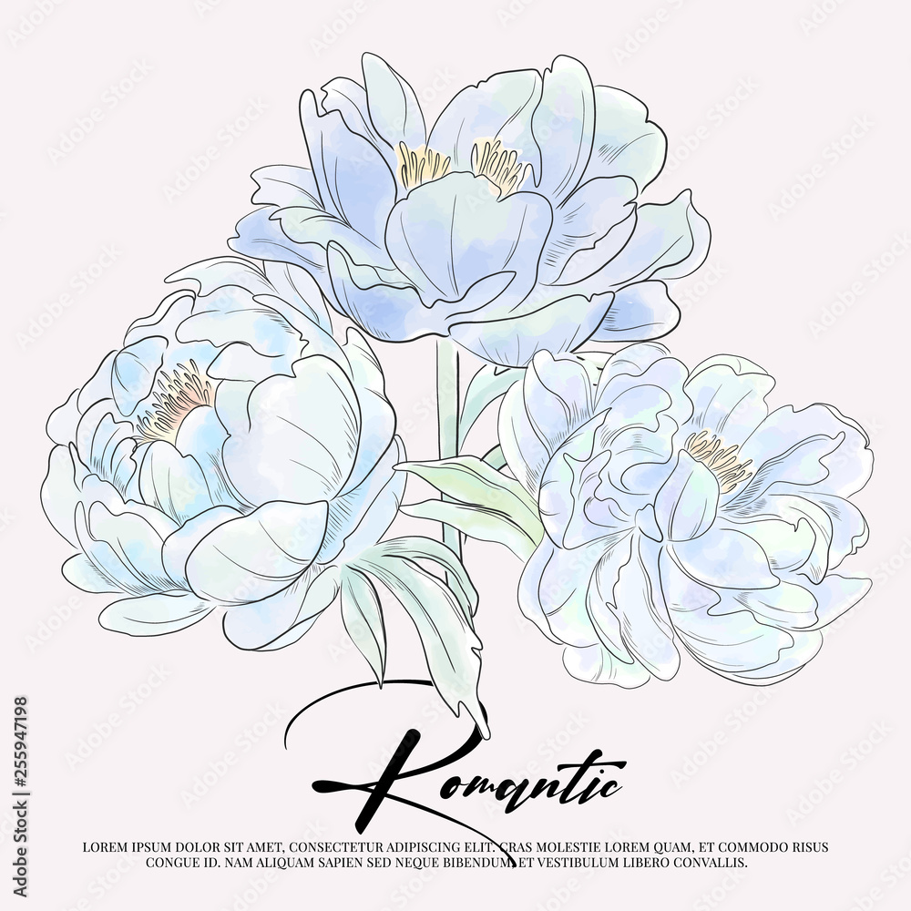 Blue peony flowers graphic invitation. Botanical blossom pastel plant, minimal watercolor creative invitation. Minimal card design with text.