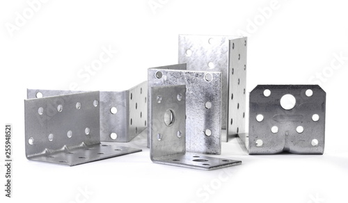 Mounting angle metal brackets isolated on white background.