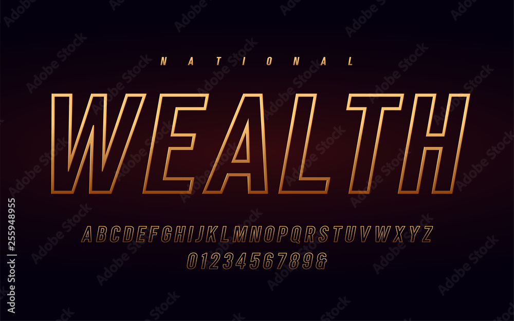 Obraz premium Stylish condensed gold alphabet, uppercase letters and numbers. 