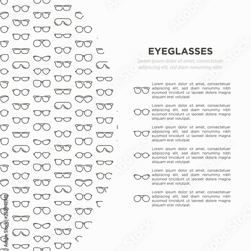Eyeglasses concept with thin line icons: sunglasses, sport glasses, rectangular, aviator, wayfarer, round, square, cat eye, oval, extravagant, big size. Vector illustration for banner, print media.