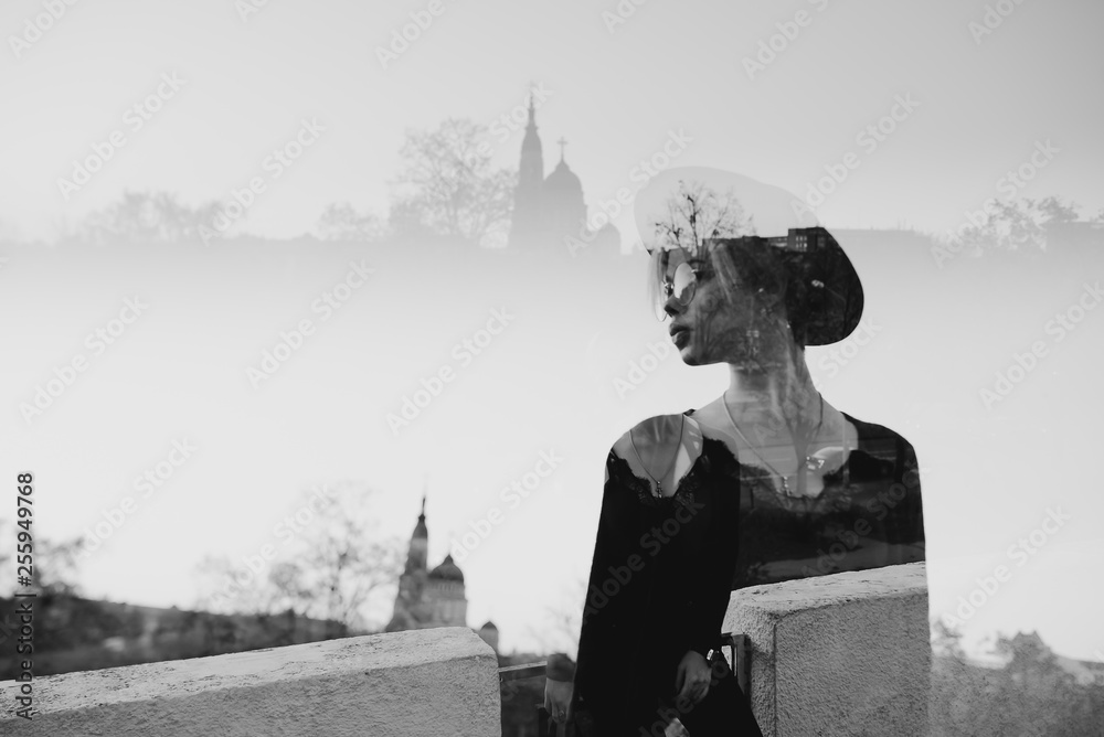 Fototapeta Double exposure photo with female silhouette and city. Freedom and travel concept. Copy space