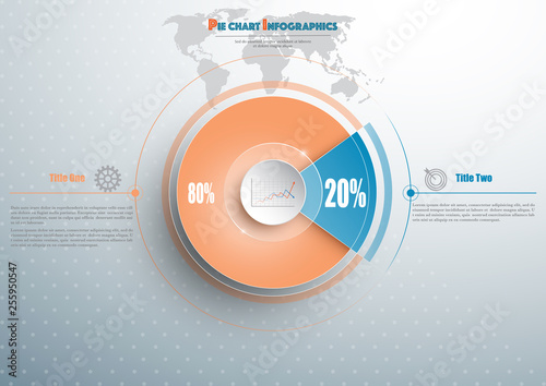 Business pie chart template with circle in the center and earth map behind. Background for your documents, web sites, reports, presentations and infographics