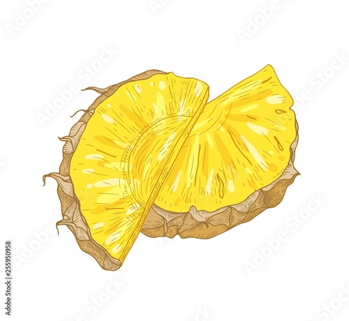 Detailed realistic drawing of fresh organic pineapple slices isolated on whit...