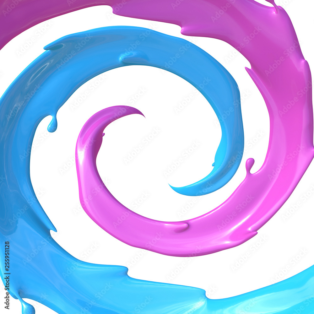 Blue and purple paint splashes swirl isolated on white background
