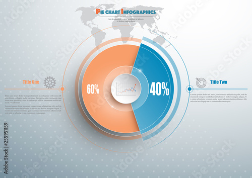 Business pie chart template with circle in the center and earth map behind. Background for your documents, web sites, reports, presentations and infographics