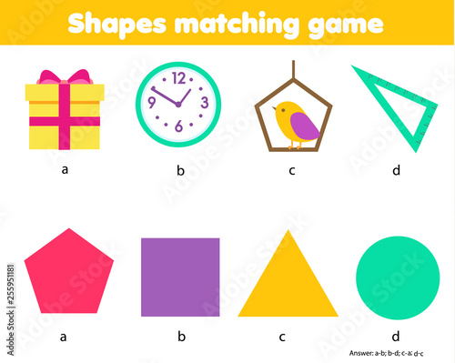 Educational children game. Matching game worksheet for kids. Match by shape. Learn geometric forms and figures